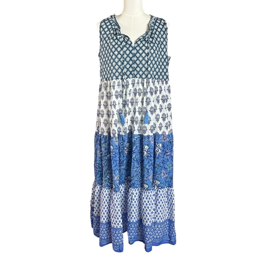 Tuckernuck Bohemian Indian Cotton Tiered Block Print Maxi Dress Medium Retro 70s - Picture 2 of 8